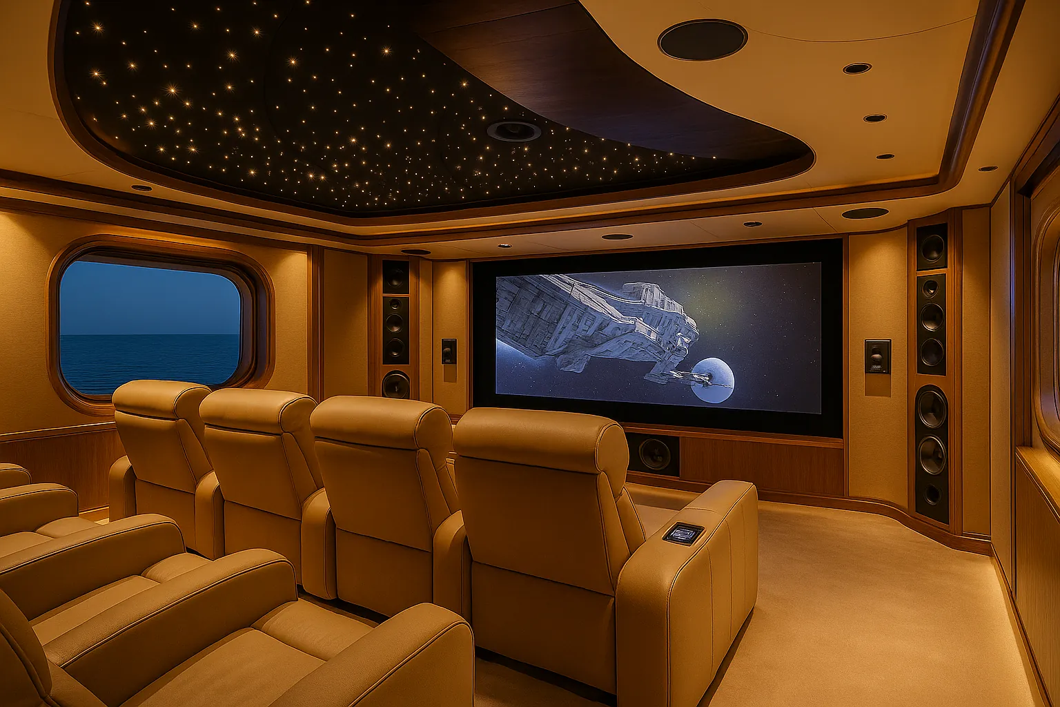 Luxury yacht cinema room with high-end speakers and automation by Luxsmart UAE