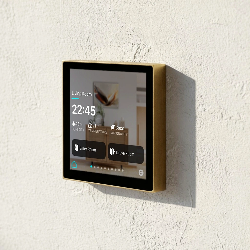 Luxury wall-mounted smart home touch panel for room scene, climate and air quality control by LuxSmart Dubai